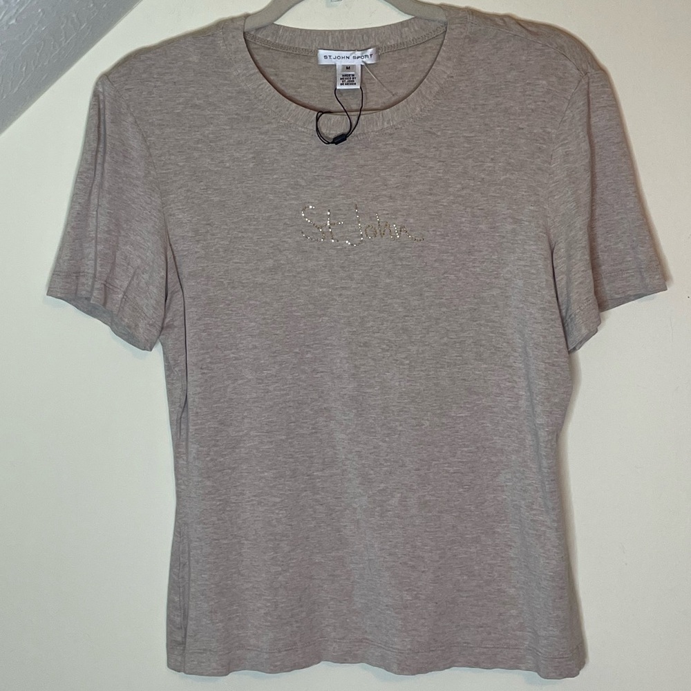 St John Sport Rhinestone Monogram Embellished T Shirt Top - Picture 3 of 5